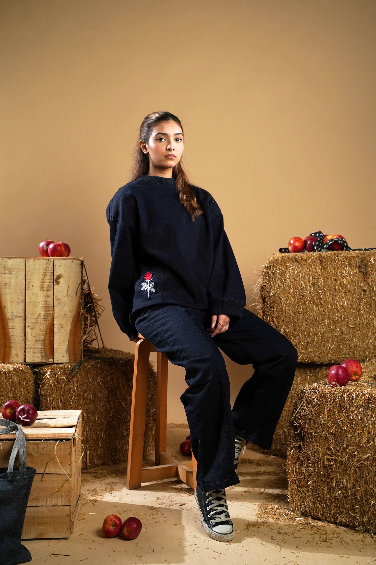 Oversized Embroided Patch Rased Wool Denim Sweatshirt (Unisex)